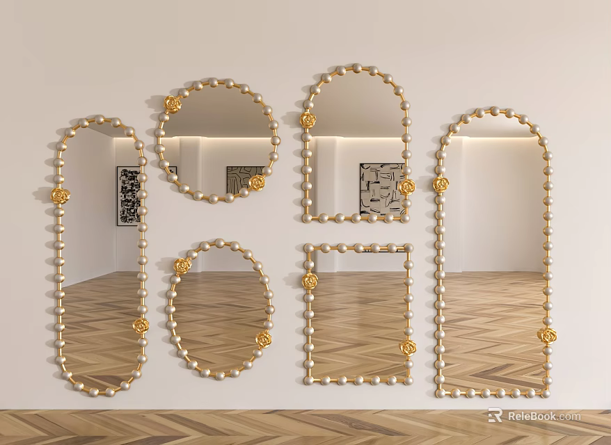Stylish Golden Framed Mirrors With Circular Beads Arranged On White Wall In Modern Room 3d model 