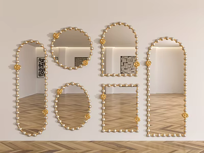 Stylish Golden Framed Mirrors With Circular Beads Arranged On White Wall In Modern Room 3d model