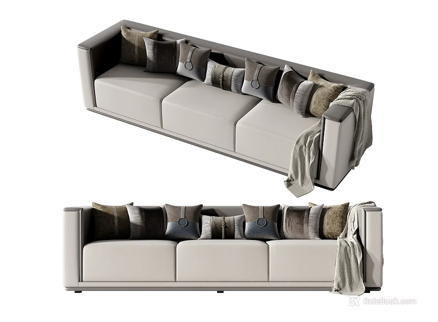 Modern Light Colored Three Seater Sofa Interior With Multiple Pillows And Blanket 3d model