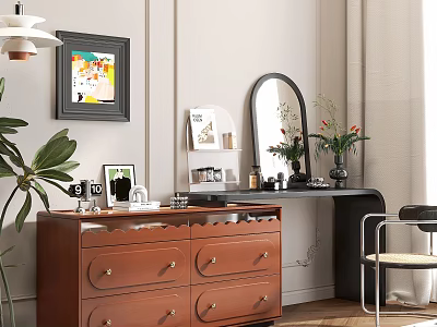 Brown Wooden Dresser With Drawers Round Mirror Vase Flowers And Green Plant In Bedroom Interior 3d model