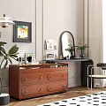 Brown Wooden Dresser With Drawers Round Mirror Vase Flowers And Green Plant In Bedroom Interior