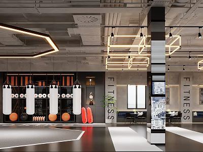Modern Fitness Gym Interior With Punching Bags Fitness Balls And Spacious Workout Area 3d model