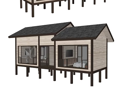 Detached Villa Featuring Wooden Exterior Black Roof Stilted Design Large Windows And Cozy Living Room 3d model