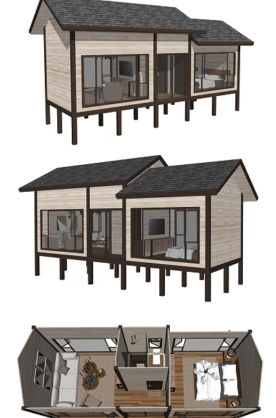 Detached Villa Featuring Wooden Exterior Black Roof Stilted Design Large Windows And Cozy Living Room 3d model