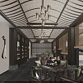 Traditional Chinese Teahouse Interior Featuring Wooden Lattice Ceiling Lantern Chandeliers Tables Chairs And Pipa Decor