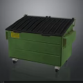 Green Trash Bin With Black Sloped Lid And Yellow Warning Label