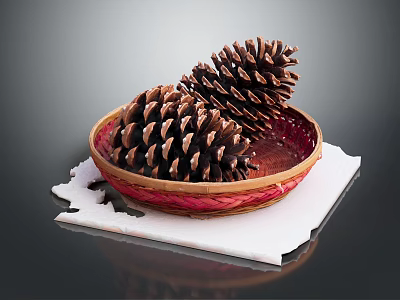 Pine Cones In Wicker Basket On White Mat For Decorative Plant 3d model