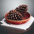 Pine Cones In Wicker Basket On White Mat For Decorative Plant 3d model