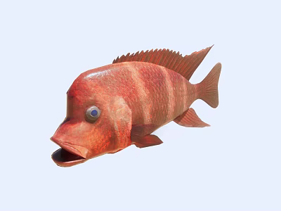 Vibrant Red Striped Fish Aquatic Creature with Blue Eyes and Open Mouth 3d model