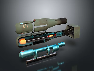 Military Weapon Parts Featuring Green UI1 Launcher Disassembled Sections And Blue Cylindrical Components 3d model