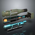 Military Weapon Parts Featuring Green UI1 Launcher Disassembled Sections And Blue Cylindrical Components