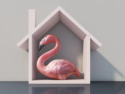Pink Flamingo Sculpture In White House Shaped Frame Decorative Art Piece 3d model