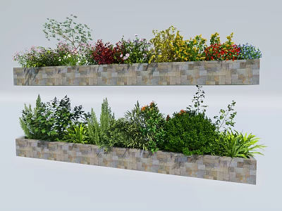 Roadside Planter Boxes With Mixed Green Shrubs And Colorful Flowers 3d model