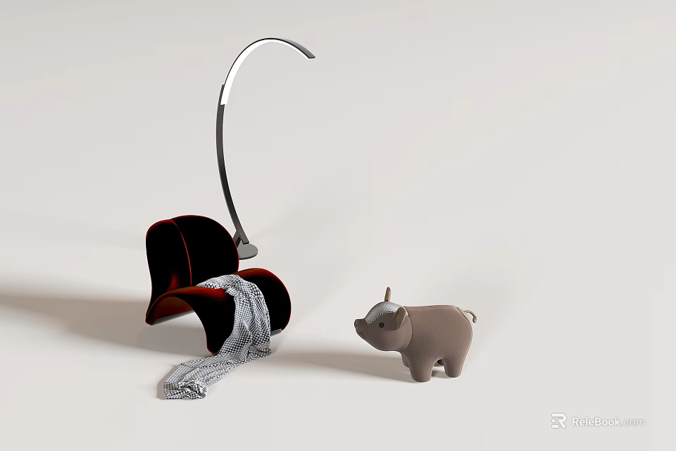 Red Velvet Single Sofa With Gray Throw Blanket And Pig Figurine On White Background 3d model 