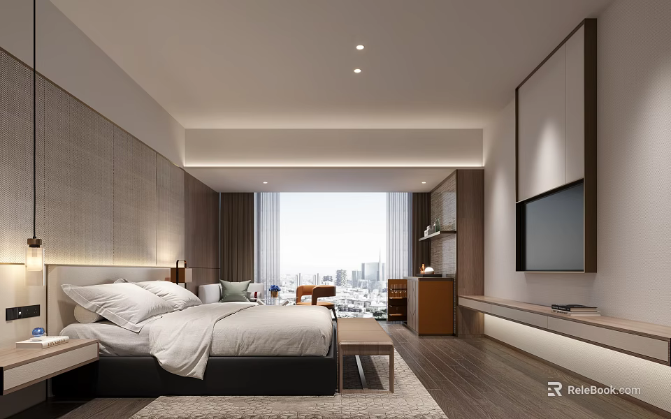 Modern Hotel Guest Room With Large Bed Floor to Ceiling Window and City View 3d model 