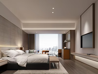Modern Hotel Guest Room With Large Bed Floor to Ceiling Window and City View 3d model