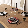 New Chinese Tableware Combination Dinner Plate Dishes Chopsticks Wine Glass Red Wine Glass 3d model