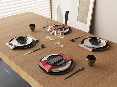 Stylish Dinnerware Set with Plates Chopsticks Wine Glasses and Red Napkins on Wooden Table 3d model