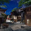 Traditional Commercial Street with Traditional Architecture Red Lanterns Stone Paved Path and Pedestrians