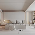 Modern Bedroom Interior With Large Bed Headboard White Accent Chair Glass Wardrobe And Area Rug