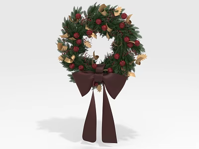 Christmas Wreath Decorated With Green Plants Red Berries Gold Leaves And Brown Bow 3d model