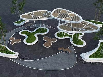 Modern Pergola Design With White Frame Brown Canopy Green Lawn And Seating Areas 3d model