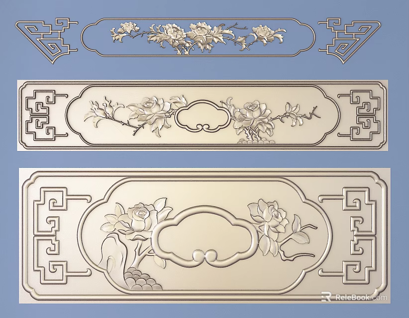 Traditional Chinese Floral Carving Decorative Panels With Intricate Patterns And Symmetrical Design 3d model 