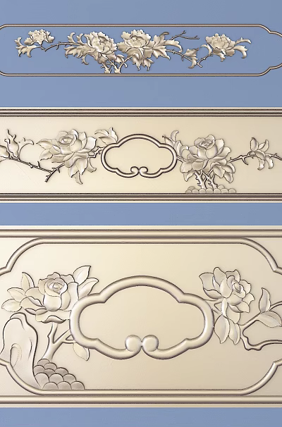 Traditional Chinese Floral Carving Decorative Panels With Intricate Patterns And Symmetrical Design 3d model