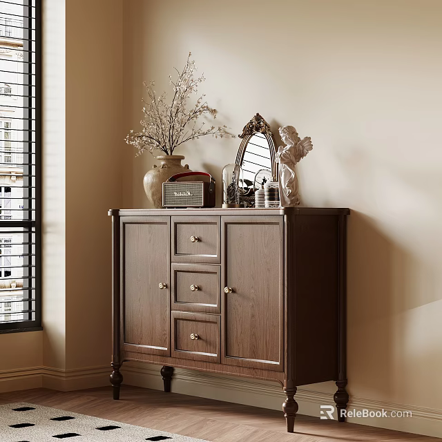Brown Wooden Entryway Sideboard Cabinet With Storage Drawers Doors Vase And Mirror 3d model 