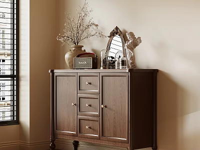Brown Wooden Entryway Sideboard Cabinet With Storage Drawers Doors Vase And Mirror 3d model