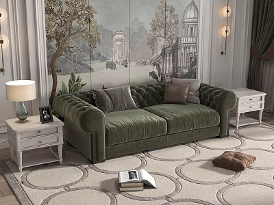 Green Velvet Double Sofa in Living Room with Side Tables Mural and Decorative Pillows 3d model