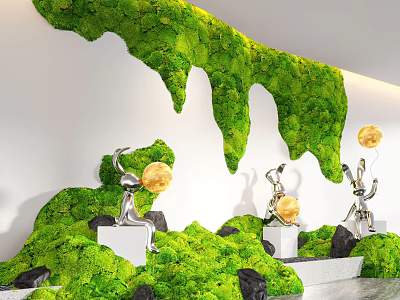 Indoor Landscape Featuring Green Moss Waterfall Wall Silver Sculptures Yellow Spheres Black Stones White Pedestals 3d model