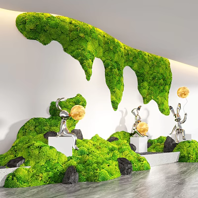 Indoor Landscape Featuring Green Moss Waterfall Wall Silver Sculptures Yellow Spheres Black Stones White Pedestals 3d model