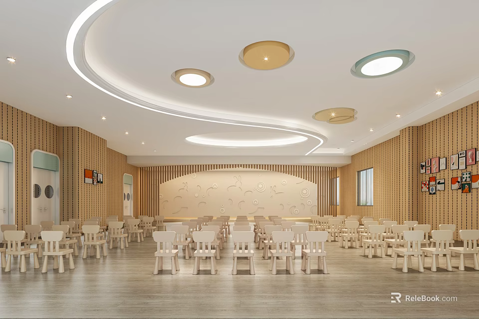 Kindergarten Interior Design With Wooden Walls Round Ceiling Lights And Small Chairs Tables 3d model 