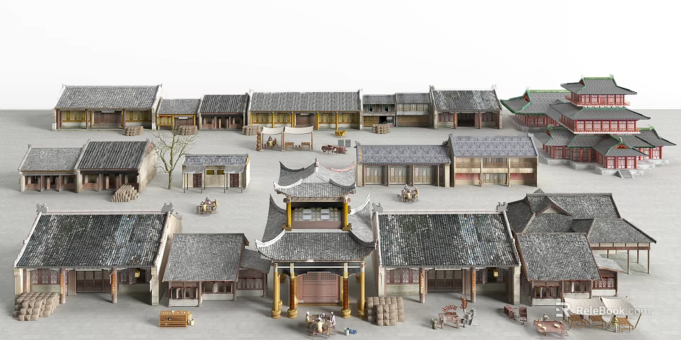Chinese Traditional Commercial Street With Ancient Architecture Classic Storefronts And Tile Roofs 3d model 