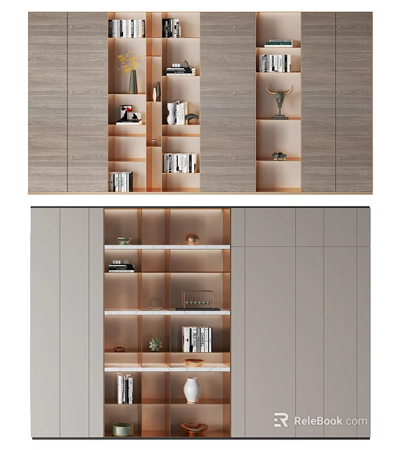 Modern Open Shelf Bookcase With Books Decorative Items And Small Plants 3d model 