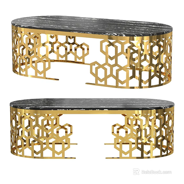 Elegant Coffee Table With Gold Frame Intricate Cutout Design And Marble Top 3d model 