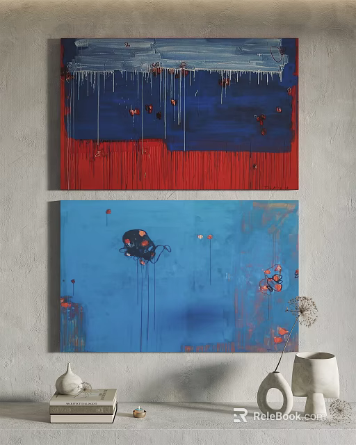 Two Abstract Canvas Paintings With Blue Red Background And Dripping Art Effect 3d model