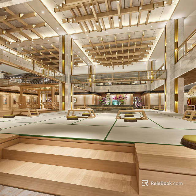 Spacious Hotel Lobby Interior With Wooden Ceiling And Open Layout Seating Areas 3d model 