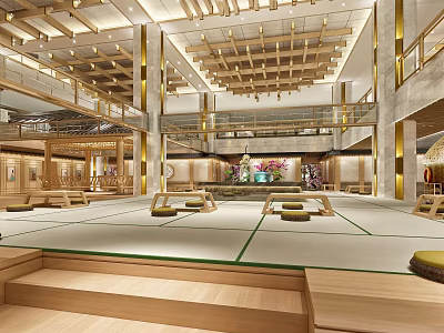 Spacious Hotel Lobby Interior With Wooden Ceiling And Open Layout Seating Areas 3d model