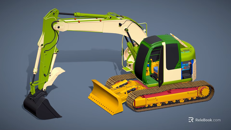 Green And Yellow Industrial Construction Excavator Machine With Track And Bucket 3d model 