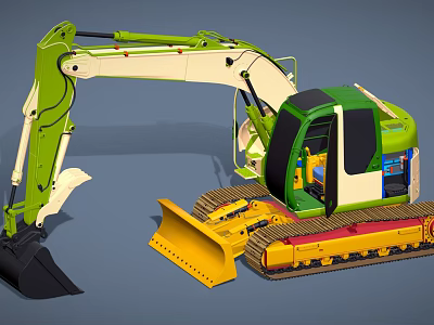 Green And Yellow Industrial Construction Excavator Machine With Track And Bucket 3d model
