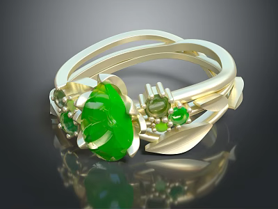Elegant Gold Ring With Twisted Bands Green Gemstone Center And Accent Stones 3d model