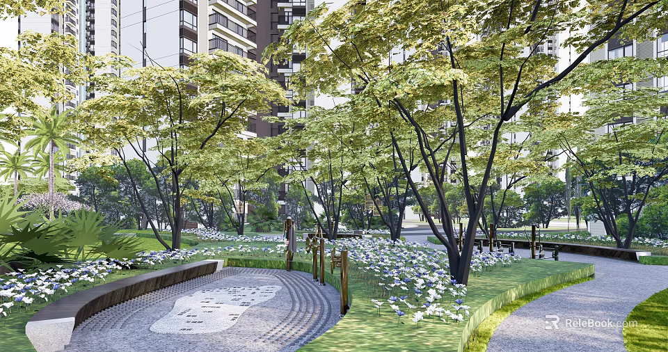 Tranquil Residential Landscape with Lush Trees Stone Pathway Green Lawn and Colorful Flowers 3d model 