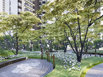 Tranquil Residential Landscape with Lush Trees Stone Pathway Green Lawn and Colorful Flowers 3d model