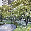 Tranquil Residential Landscape with Lush Trees Stone Pathway Green Lawn and Colorful Flowers