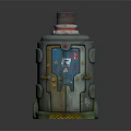 Cylindrical Industrial Equipment With Red Top Door Blue Display Yellow Black Warning Stripes And Wheels
