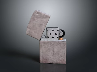 Square Shaped Leather Lighter With Open Lid Metal Internal Structure Black Roller Golden Accent 3d model