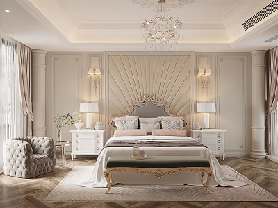 Elegant Luxury Bedroom Interior With Tufted Headboard Chandelier Nightstands And Armchair 3d model