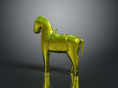 Green Metallic Horse Sculpture With Decorative Patterns And Shiny Reflective Base 3d model